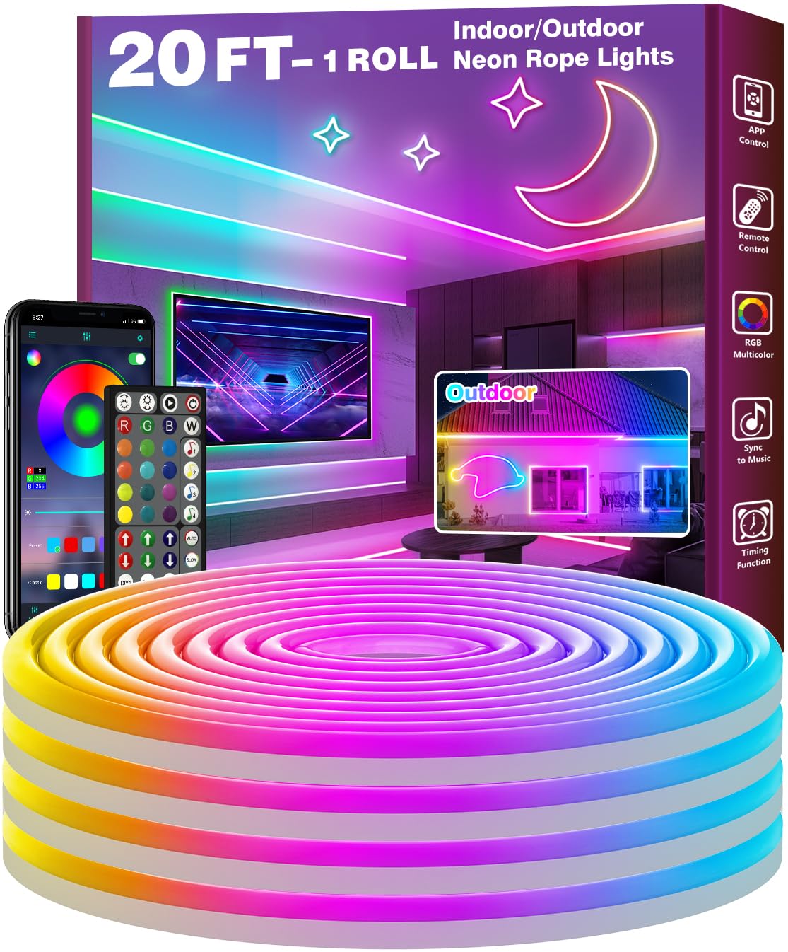 20Ft Neon Rope Lights Flexible Led Rope Lights Control With App/Remote Multiple Modes Rope Lights Ip65 Outdoor Rgb Led Neon Lights Waterproof Music Sync Gaming Led Neon Light Strip For Bedroom Decor
