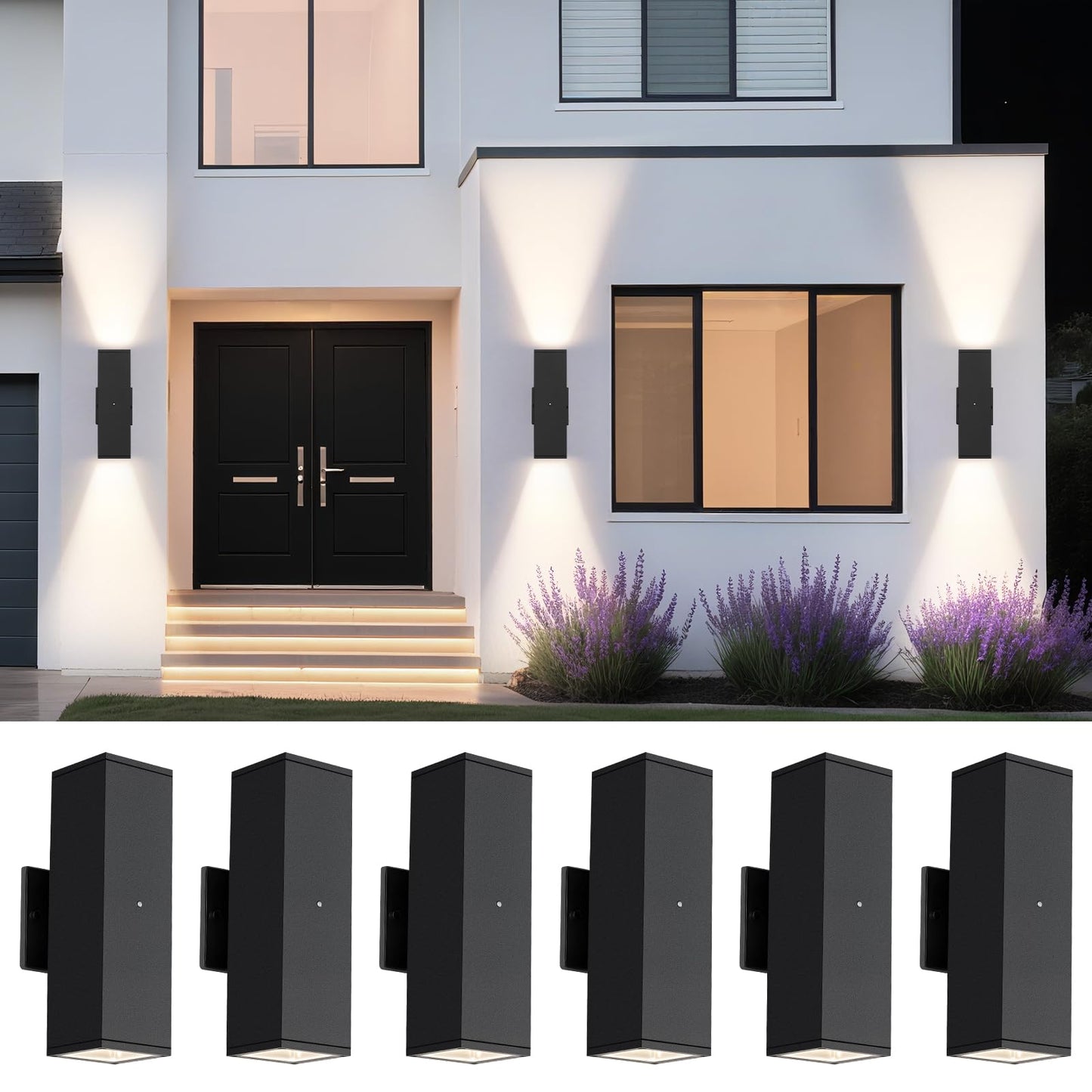 Dusk To Dawn Outdoor Lighting  Led Square Up And Down Outdoor Sconce Lights  Matte Black Exterior Lighting Fixtures With 7W Led Bulbs  Front Porch Lights For House  Garage  Patio  Doorway  6 Pack