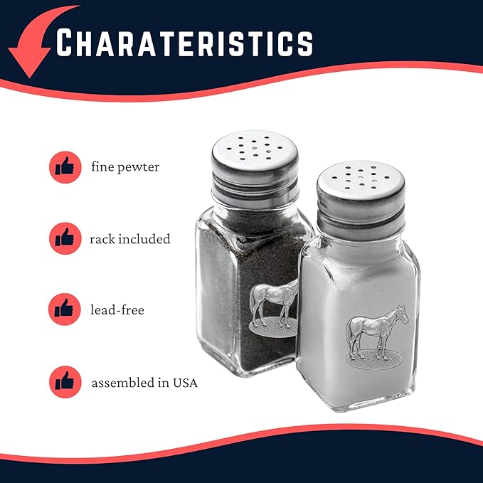 Heritage Pewter Racehorse Salt and Pepper Shaker Set of 2 Bottles | Expertly Crafted Pewter Glass
