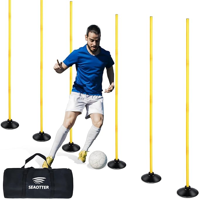 SEAOTTER Soccer Agility Poles Set, 4/6/10 Pcs 6ft Detachable Sports Trainning Speed Poles Slalom Poles with Rubber Base, A...