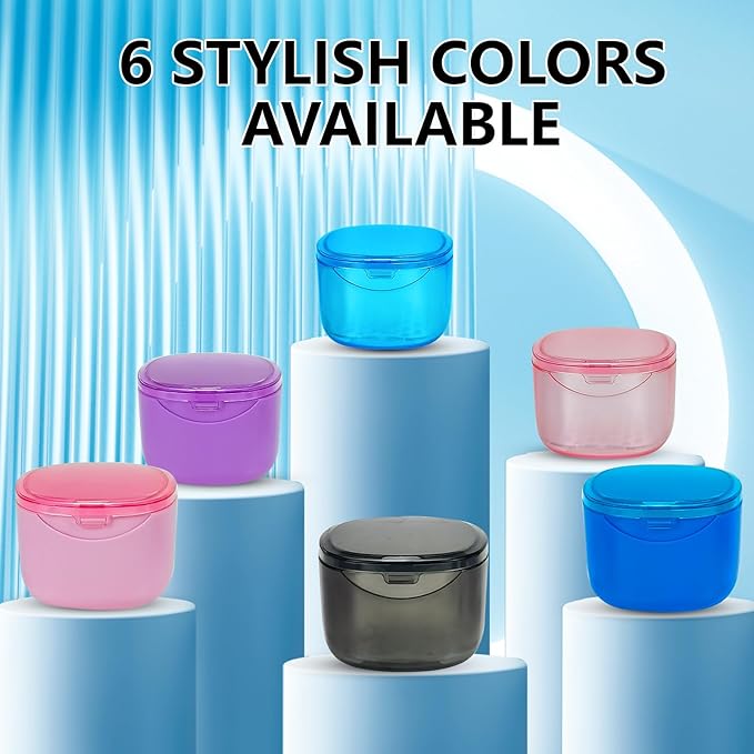 Partial Denture Case Leak Proof with Strainer Basket and Brush, Waterproof Denture Cup Retainer Cleaning Bath Case Travel for Dentures, Braces, Night Guard - Pink