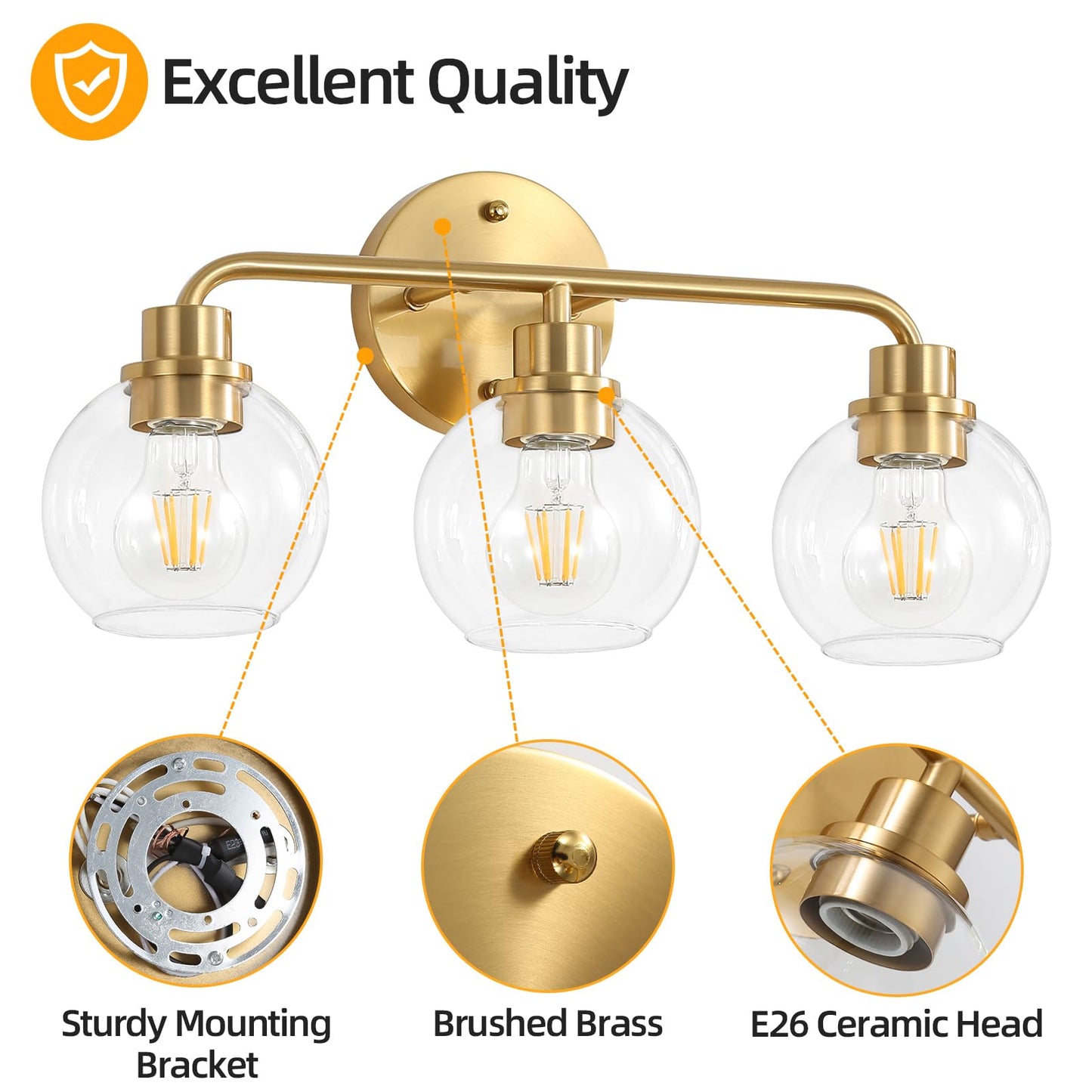 Bathroom Light Fixtures Gold Vanity Light 3 Light Wall Sconces Lighting Brushed Brass Lights with Clear Globe Glass Shades Bath Wall Lamp for Mirror Kitchen Living Room Bedroom Hallway
