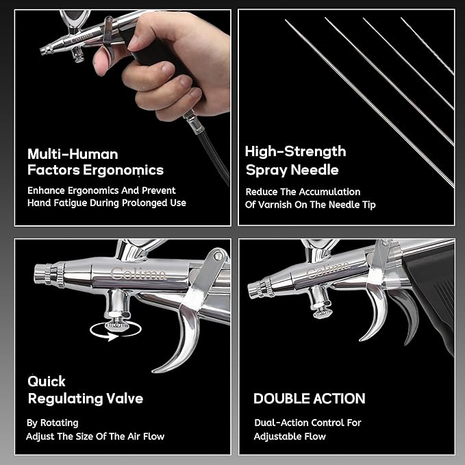 Colima Professional Dual-Action Trigger Airbrush Kit with 3 Nozzle Sizes (0.3mm/0.5mm/0.8mm) & 5 Paint Cups (2cc-40cc) Perfect for Tattoo, Makeup, Nail Art, Model Painting, Cake Decorating & Hobby Art