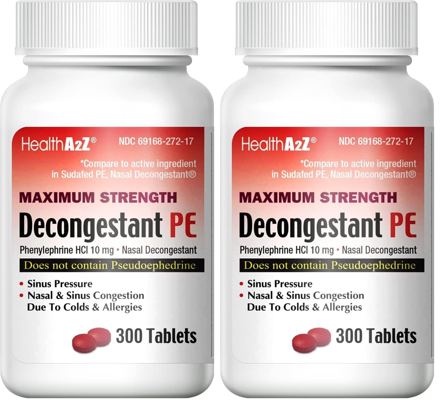 HealthA2Z® Decongestant PE | Phenylephrine HCl 10 mg | Maximum Strength | Nasal & Sinus Congestion Relief Due to Cold & Allergies (300 Count (Pack of 2))