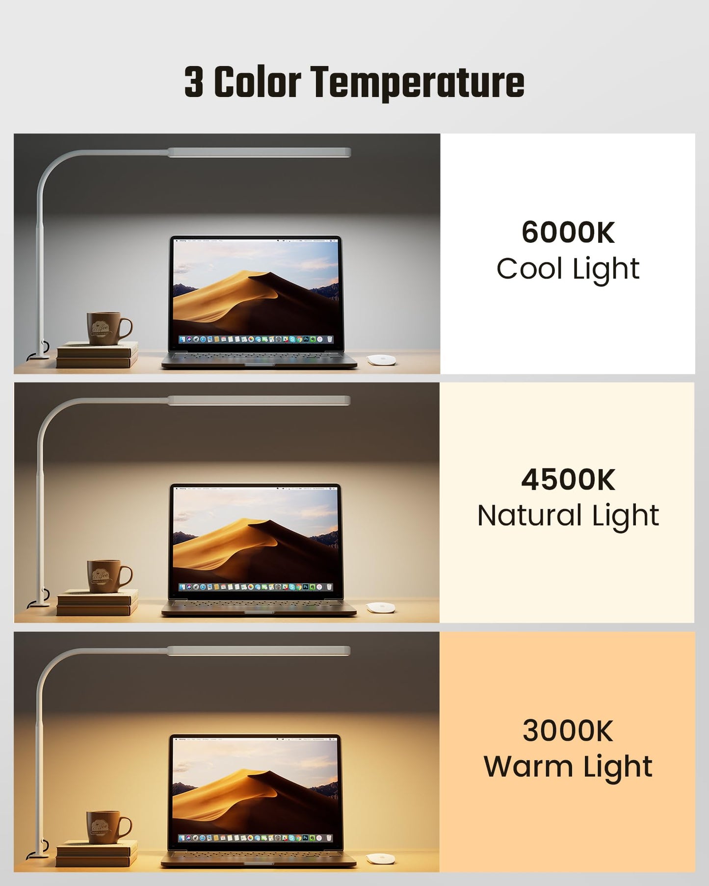 Superdanny Eye-Caring Led Desk Lamp 360?Flexible Gooseneck Work Lamp With Desk Side Clamp Touch Control 3 Light Colors Smooth Dimming Task Lighting Reading Light For Home Office College Dorm  White