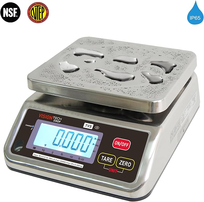 VisionTechShop TVS Portion Control Stainless Steel Washdown Scale, Lb/Oz/Kg/g Switchable, Low Profile Design, 60lb Capacity, 0.01lb Readability, Single Display, NTEP Legal for Trade, NSF Certified