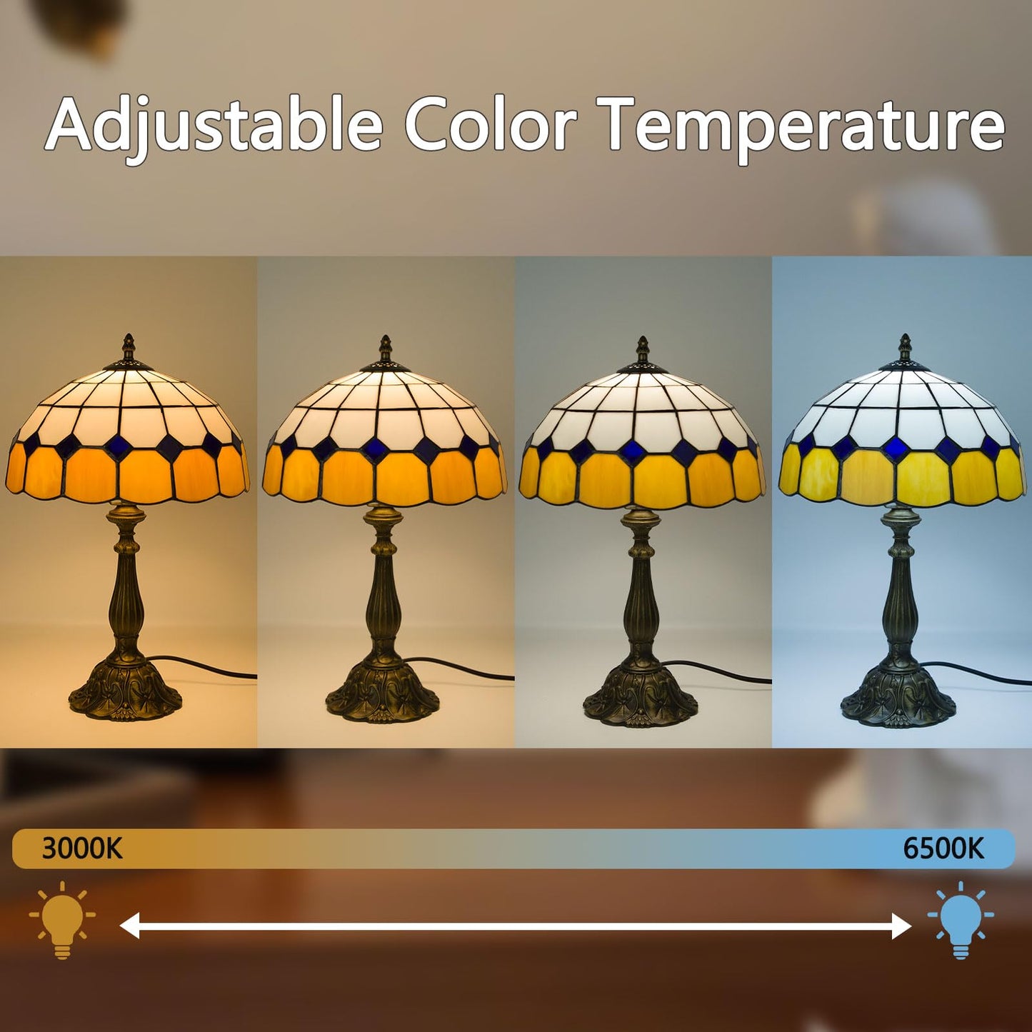 Crefotu 12 Inch Tiffany Table Lamp with Remote Control, Stepless Dimmable, Glass, Beige Plaid, Model CFLPUS-004