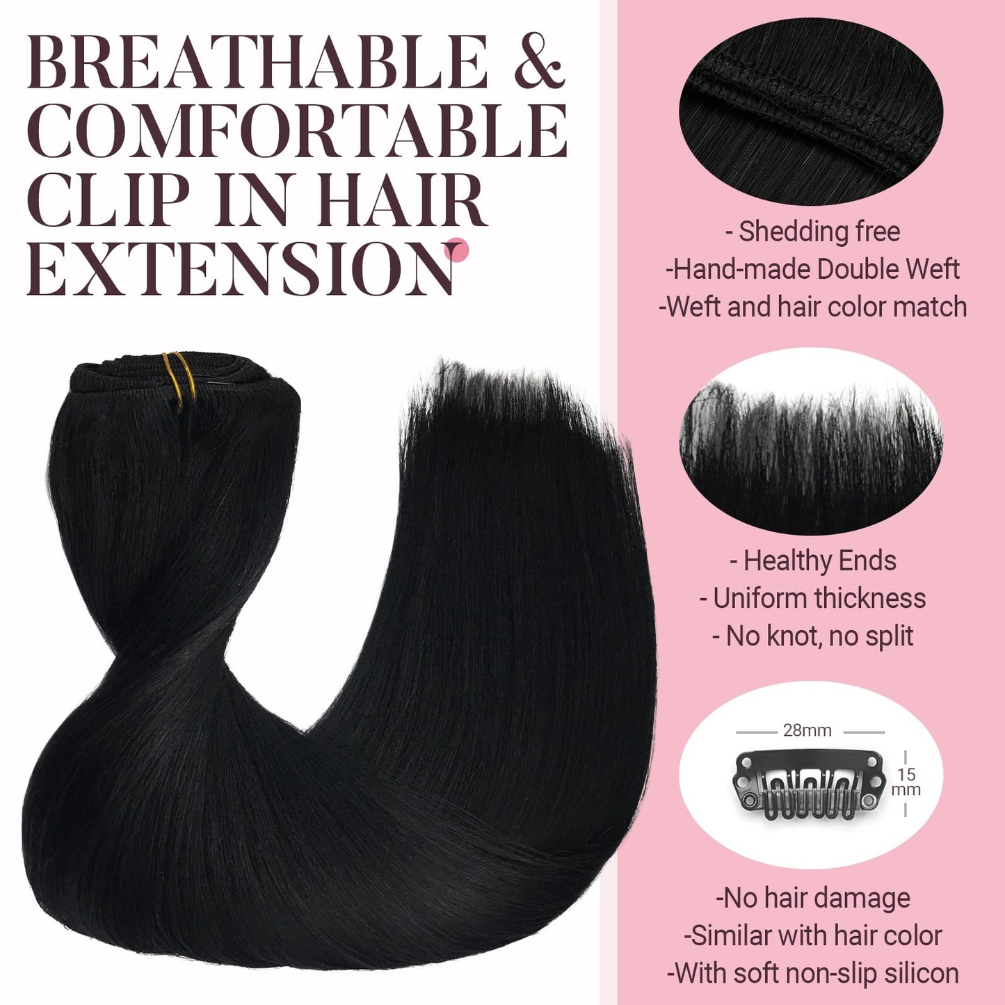 MAXITA Real Human Hair Extensions, 12 Inch Jet Black 80g 7pcs, Remy Straight Clip in Natural Hair for Woman