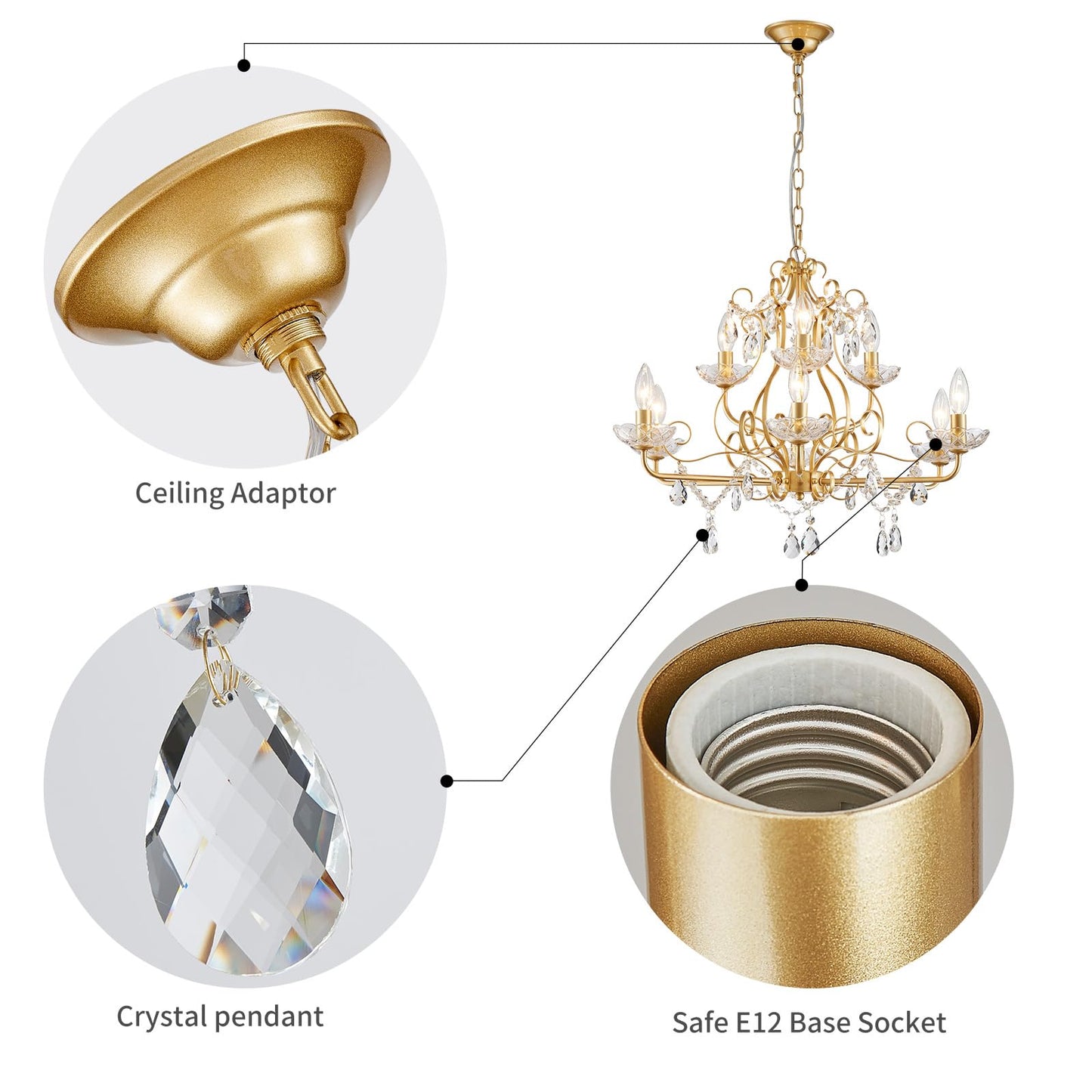 Wuzups 9-Light Crystal Candle Chandelier Pendant Flushmount Ceiling Light Modern Lighting Fixture For Bedroom Hallway Bar Kitchen Bathroom  H 18.1 X W 25.6  Gold  E12 Base