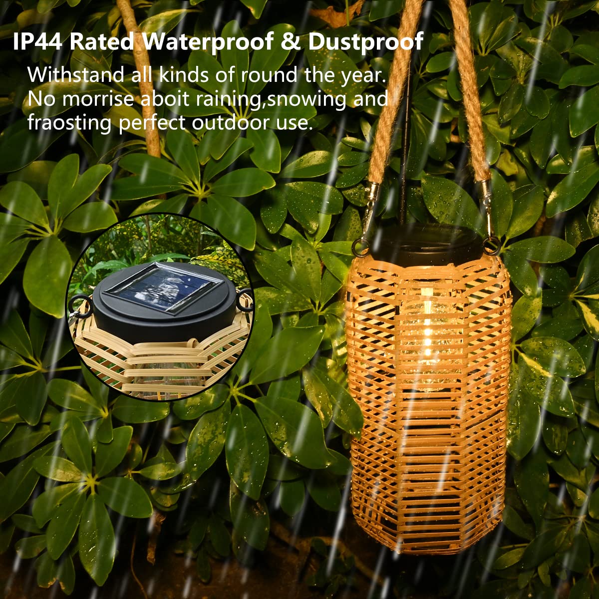 Livinlarge Solar Lantern - Rattan Waterproof Hanging Light with Twine Handle, Edison Bulb for Garden, Patio, Multicolor, Model 443