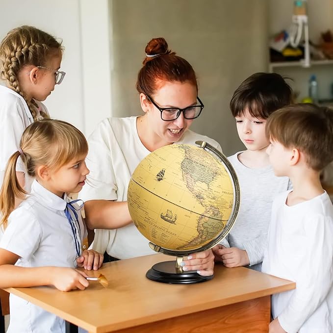 12'' Retro Illuminated World Globe with Wooden Stand, 2-1 Educ & Décor Antique Night Light up Globe Built in LED & HD Printed Map, Antique Illuminated Glob for Adults & Kids, Home Décor, Office