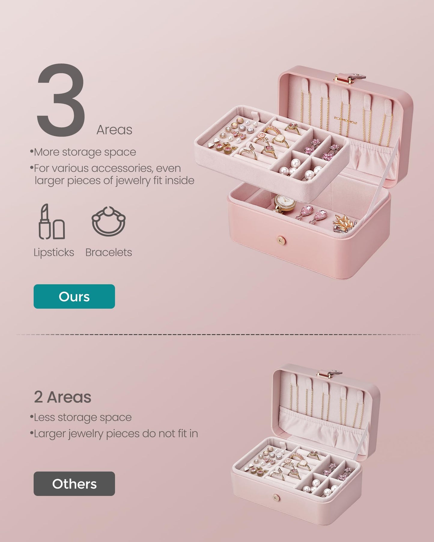SONGMICS Jewelry Box, Travel Jewelry Case, 2-Layer Jewelry Holder Organizer, Portable Versatile Earring Storage, for Larger Acce