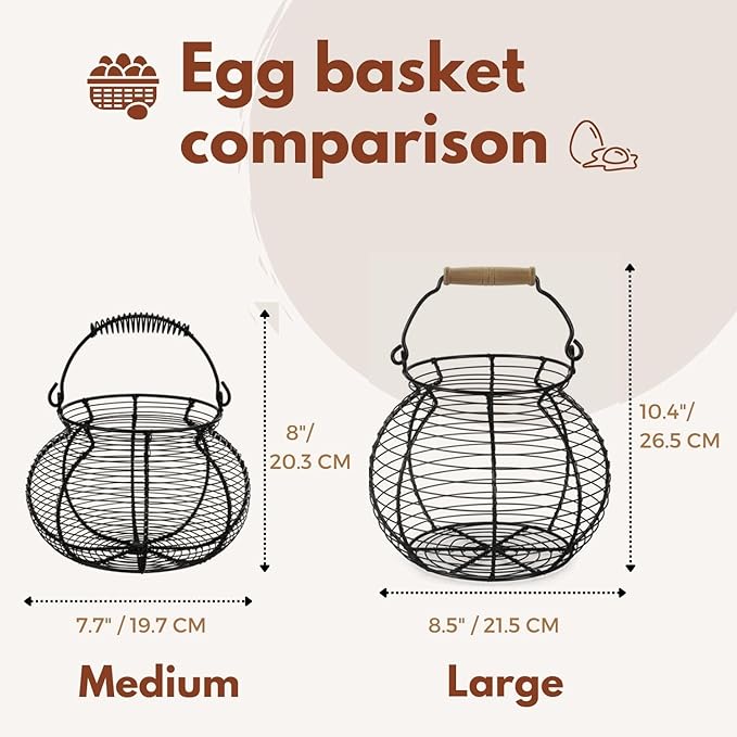 Flexzion Round Wire Basket - Chicken Egg Holder & Fruit/Vegetable Basket, Black, Rustic Farmhouse Style with Handle