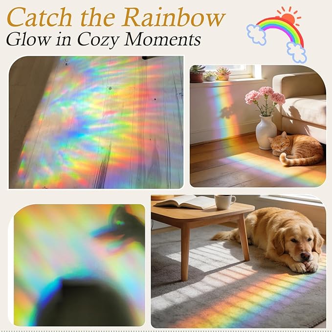 Windimiley Rainbow Window Privacy Film, 3D Stained Glass Christmas Decorative Window Clings, UV Heat Blocking Holographic Prism Stickers for Home(35.4 x 118.7In,Pure)