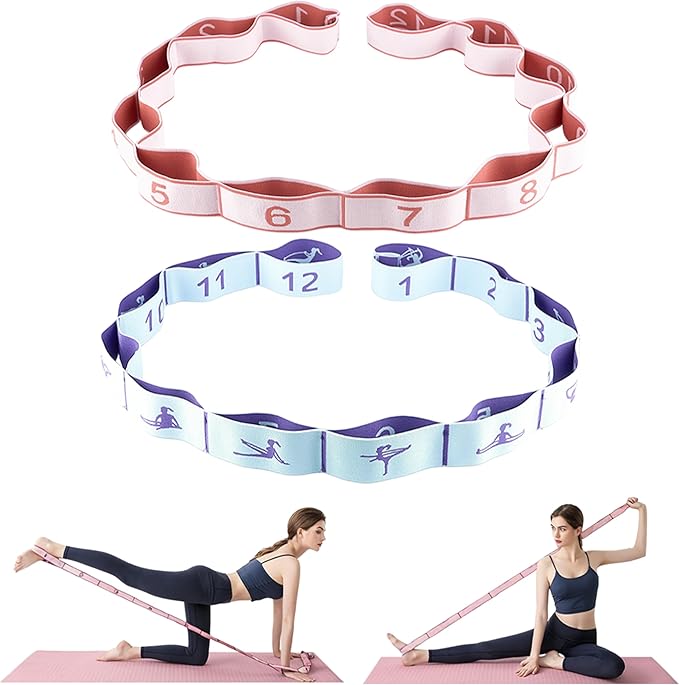 2PCS Elastic Yoga Stretching Strap with 12 Loops Stretch Resistance Exercise Bands for Yoga,Pilates,Dance,Rhythmic Gymnast...