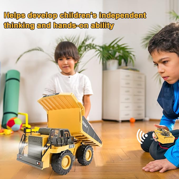 Remote Control Dump Truck Toys 9 Channel 2 Batteries RC Construction Toy Vehicles with Metal Bed Lights/Sounds, Birthday Gifts for Boys Age 3+