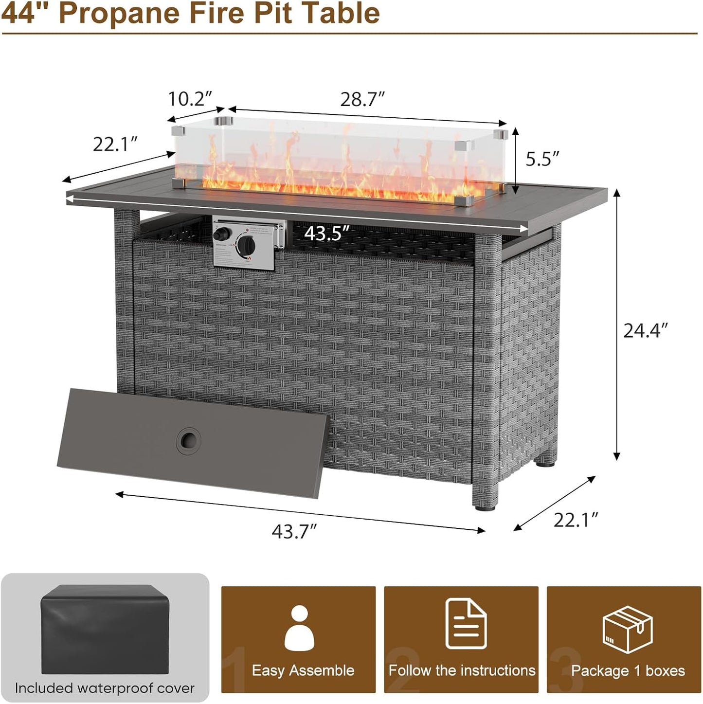44" Fire Pit Table with Wind Guard for Outdoor, Auto-Ignition Propane Gas Firepits Rattan Rectangular Table for Outside Patio 60,000 BTU, Gray