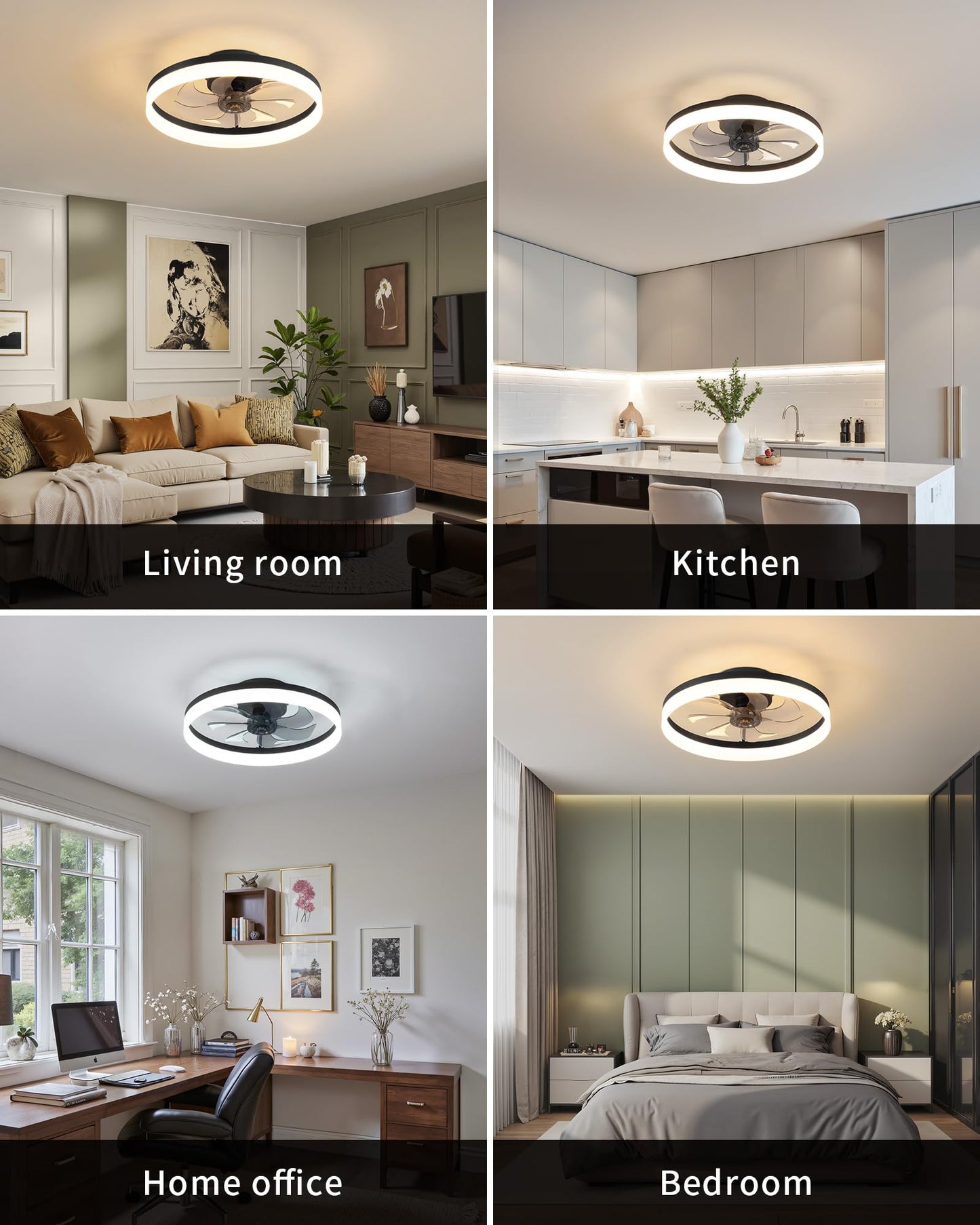 Pusu 19.7 Low Profile Led Ceiling Fans With Light  Reversible Flush Mount With Remote And 6 Winds Speeds Fan Lighting  3 Colors Dimmable For Bedroom  Living Room  Kids  Dinning Room  Kitchen (Black)