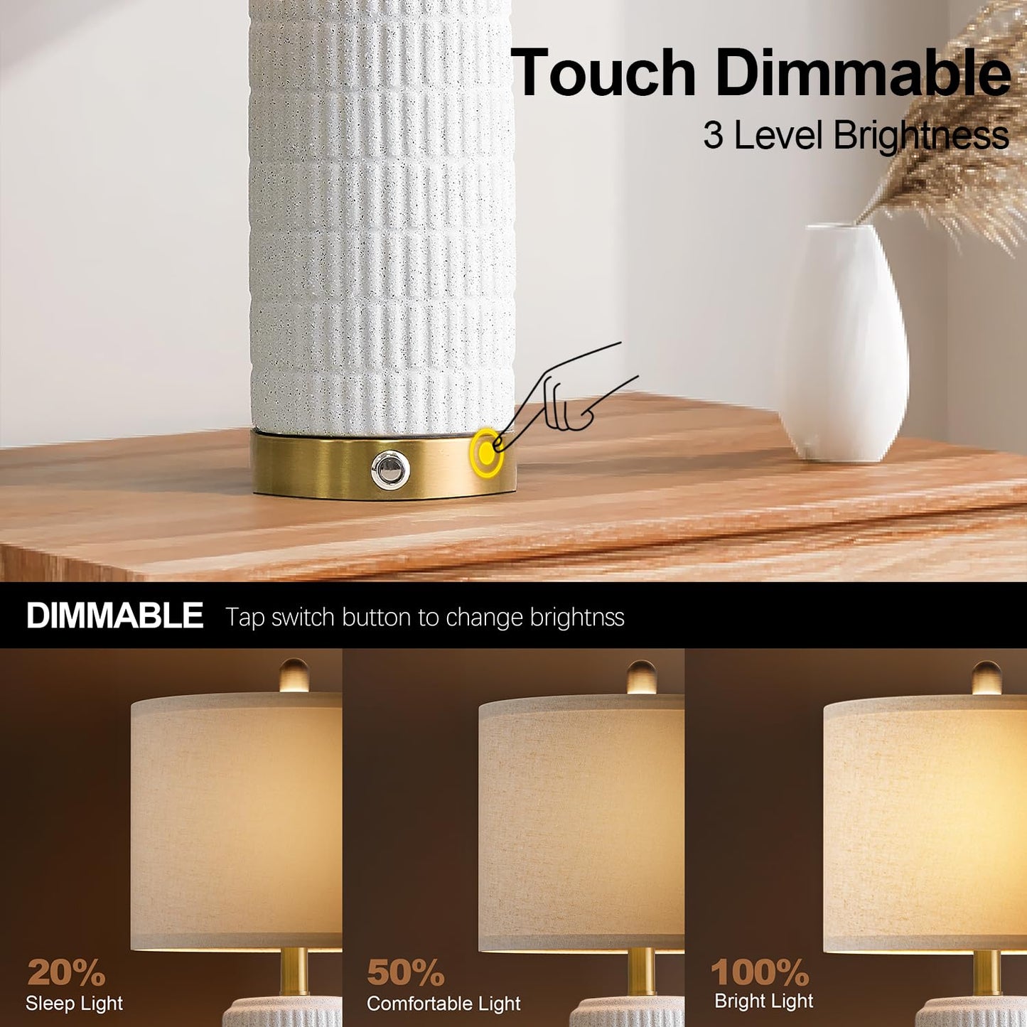 PoKat Touch Bedside Table Lamp with USB Port, 25in  Dimmable, Frosted White Ceramic, Gold Base, Model AMZ-T1102FW-TU