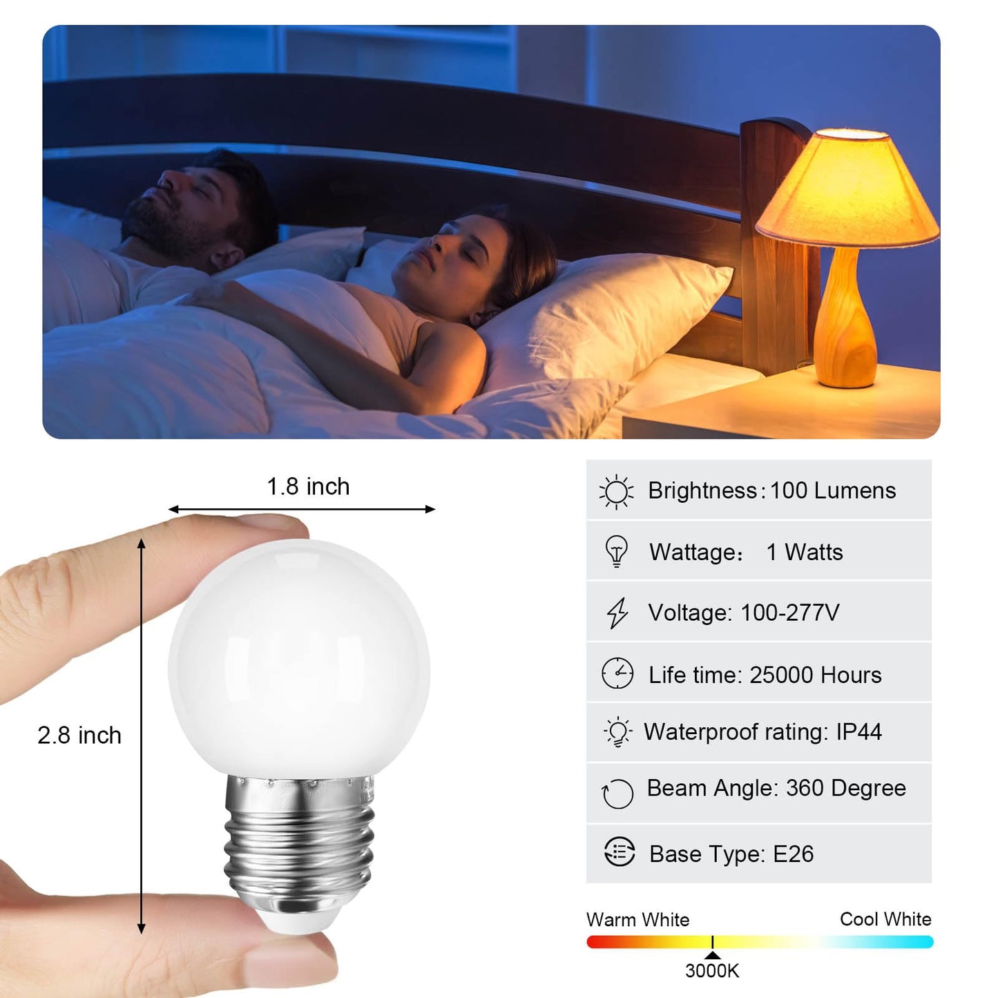 Taysing LED Night Light Bulb G14 1W Soft White 3000K E26 Base 6 Pack