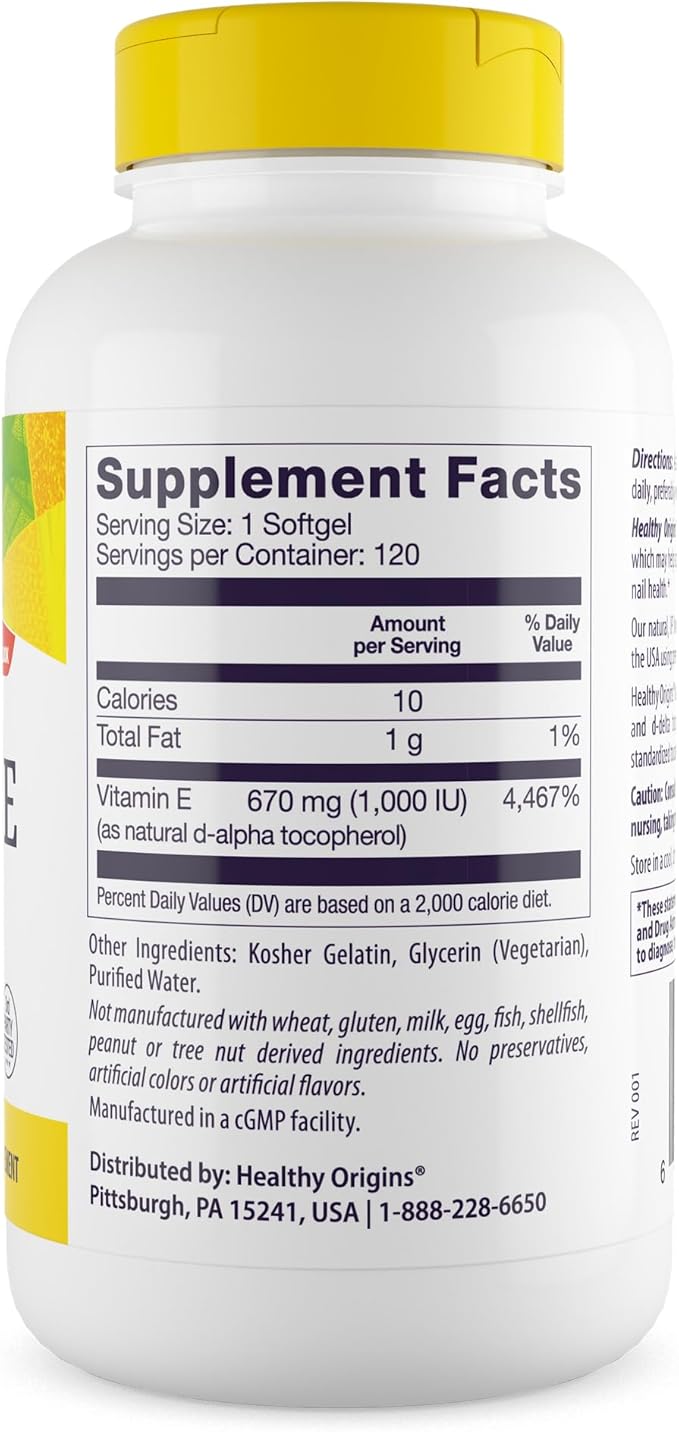 Healthy Origins Vitamin E 1,000 IU (Natural, IP Non-GMO), 120 Softgels