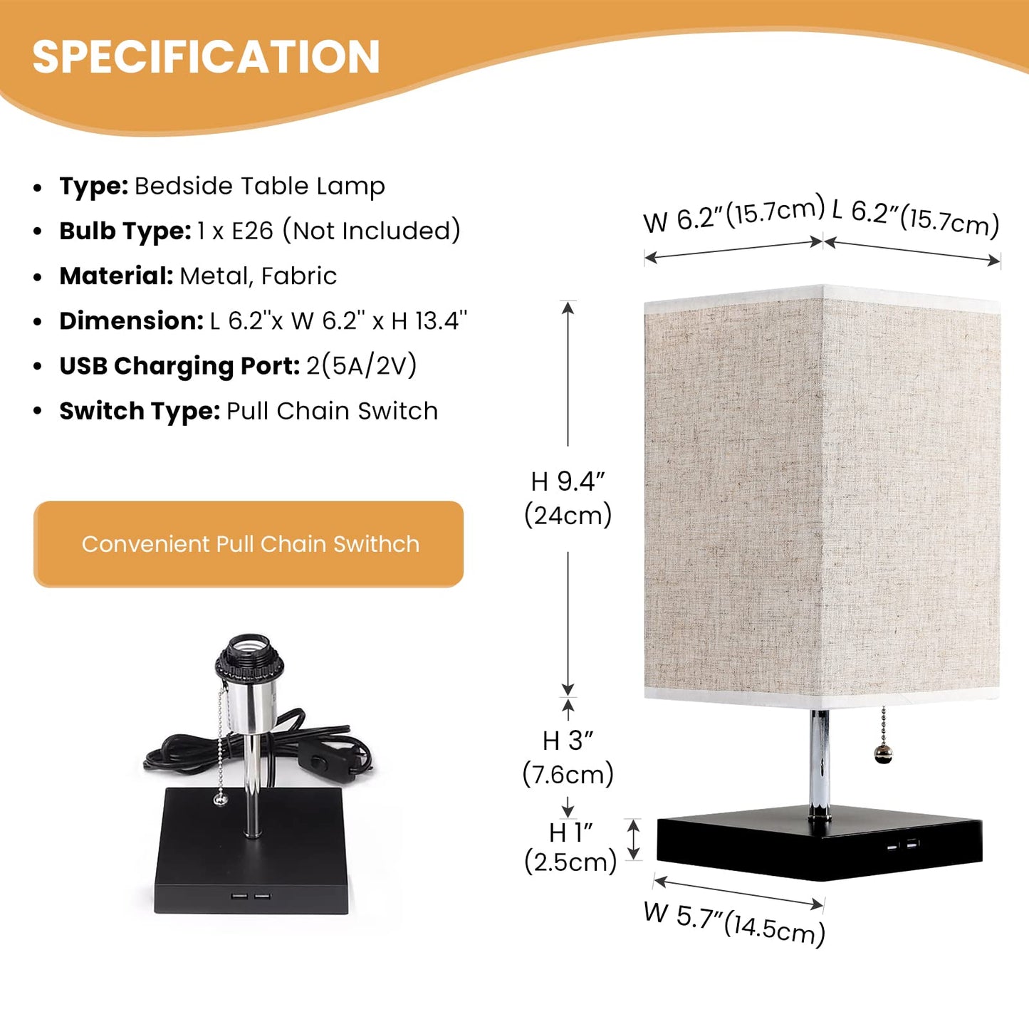 Siljoy Modern Bedside Table Lamp with USB Ports, Pull Chain Switch, Fabric Shade, Square, Black Base