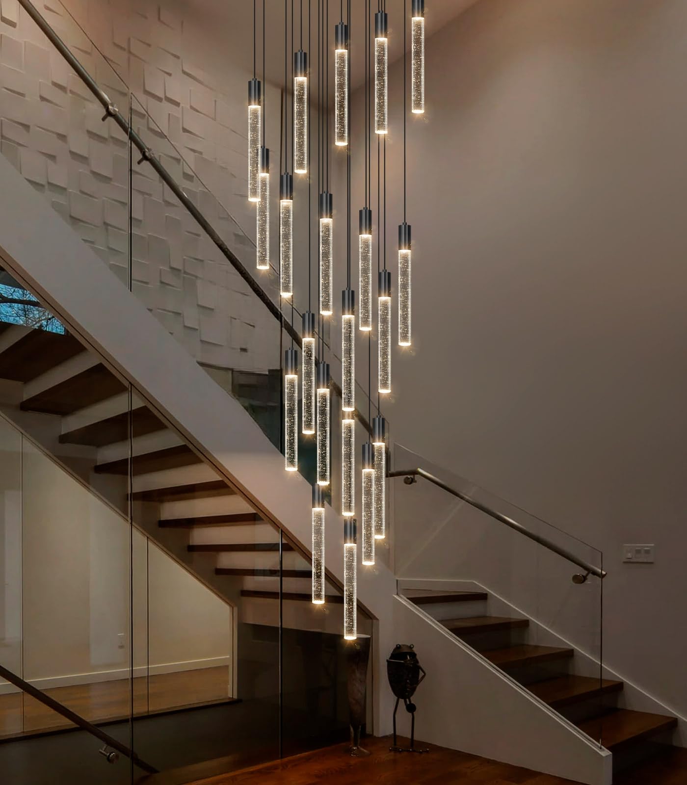 Haixiang 13 Foot High Ceiling Chandelier For Entryway Modern Crystal Lights For Living Room Foyer Flush Mount Sloping Ceiling Pendant Light Fixture Remote Dimmable 20-Lights Black