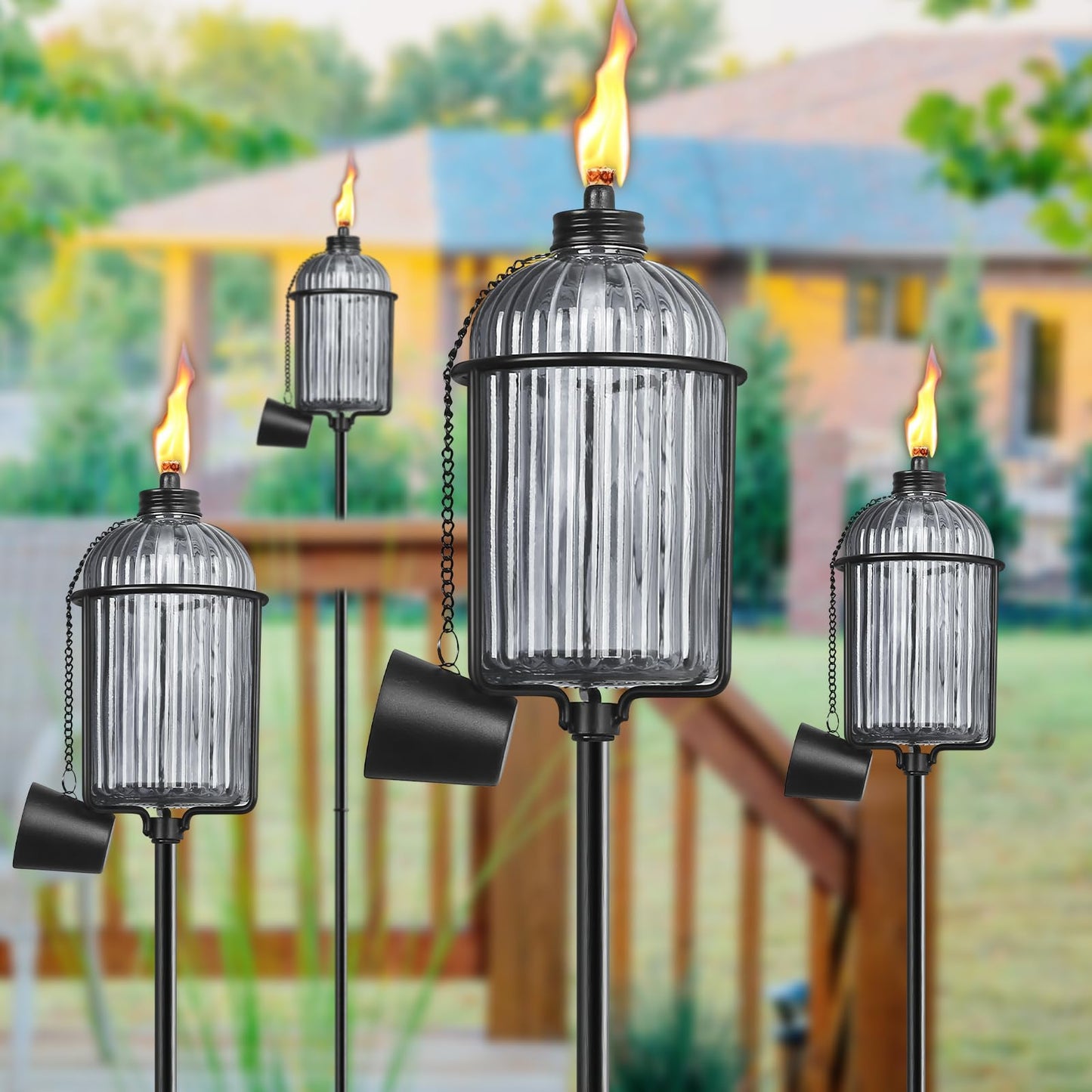 FAN-Torches 4 Pack Garden Torches, 61-Inch Gray Metal Citronella Torches with 3-Prong Stake, Model BLXW-HS-MYD-04