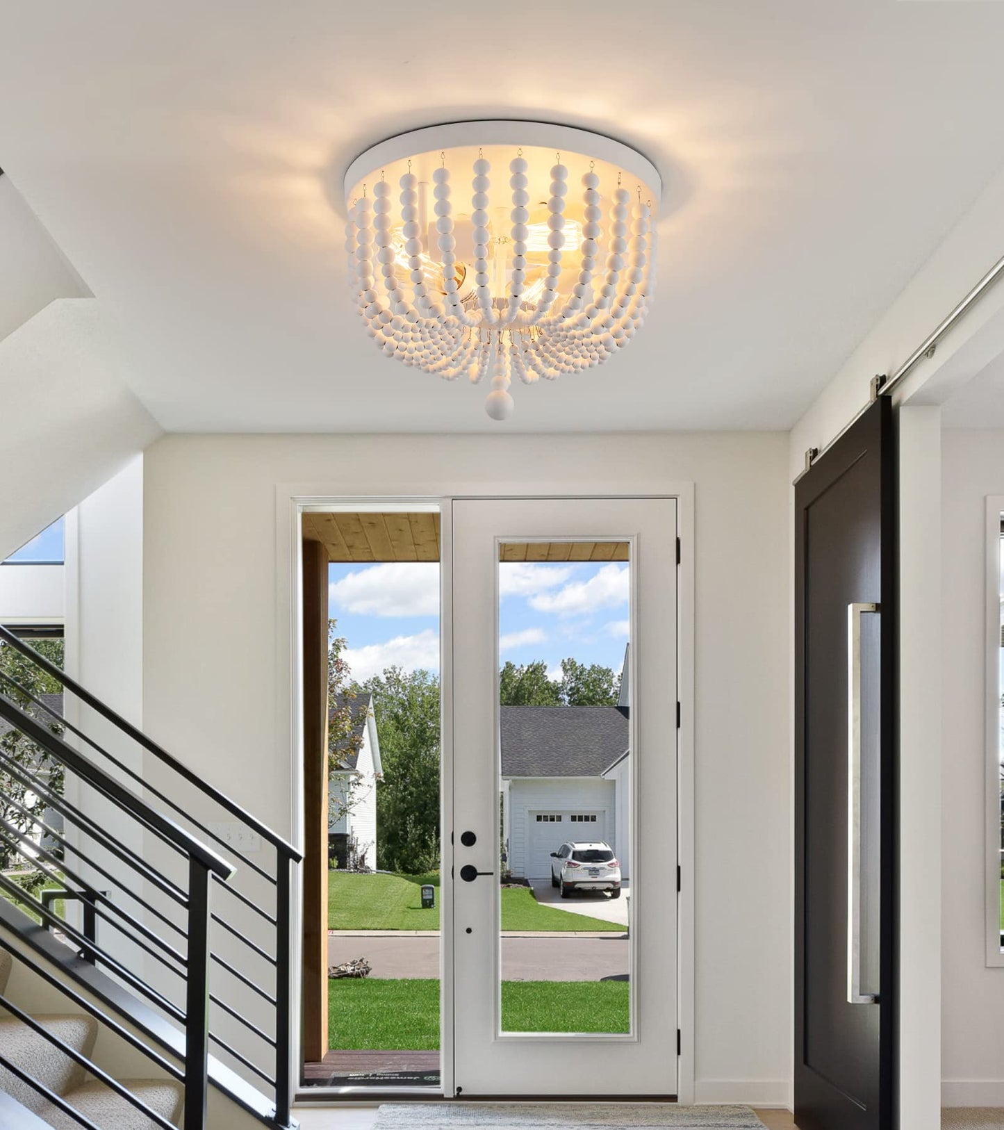 Q&S White Boho Beaded Chandelier Light Fixture, 3-Lights, Metal And Wood Bead, Flush Mount For Bedroom, Kitchen, Dining Room