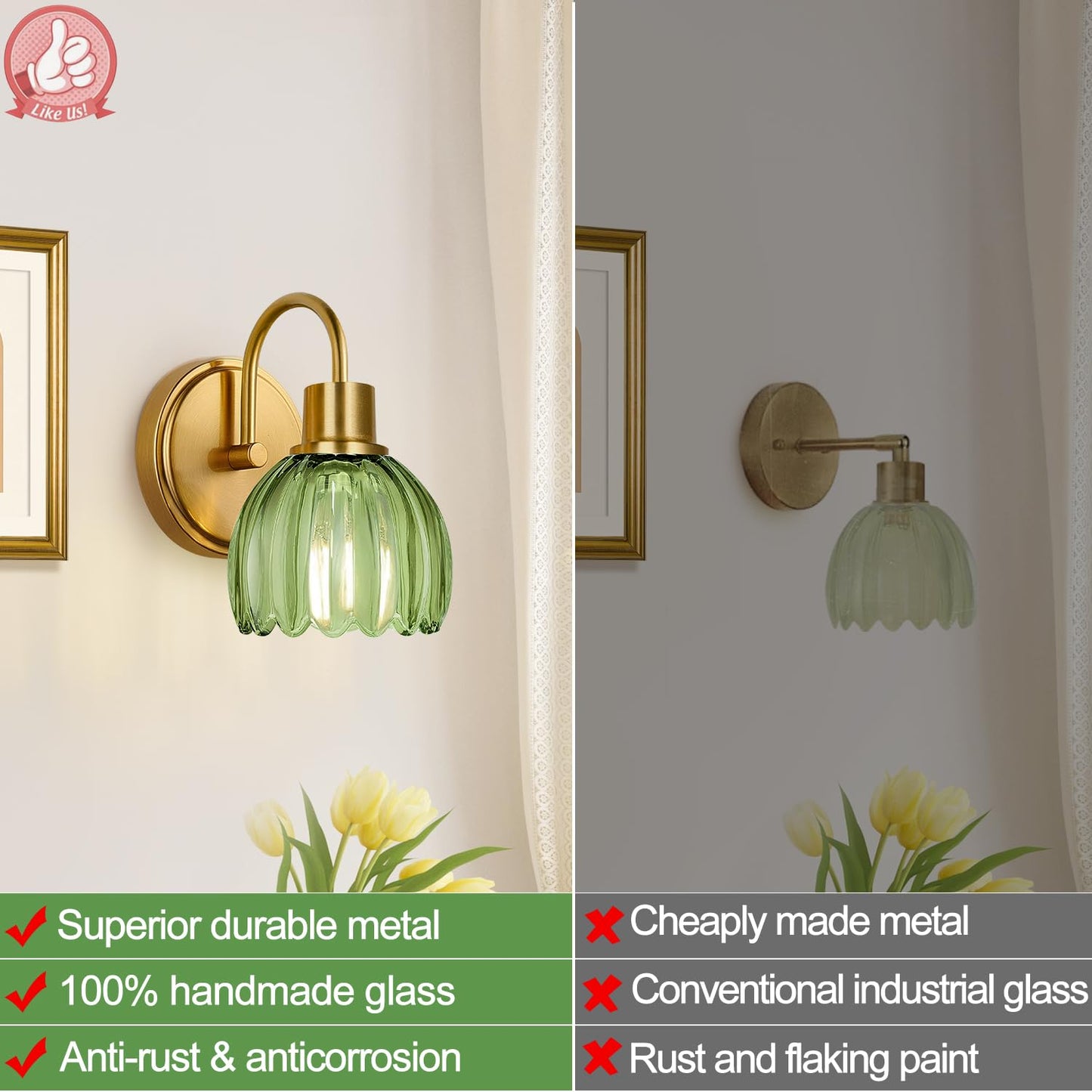 Meybiok 2-Pack Brushed Gold Bathroom Vanity Light, Single-Head Wall Sconce with Ribbed Green Tulip Glass Shade, Vintage Bathroom Light Fixtures for Bedroom, Hallway & Bedside (Bulbs Not Included)