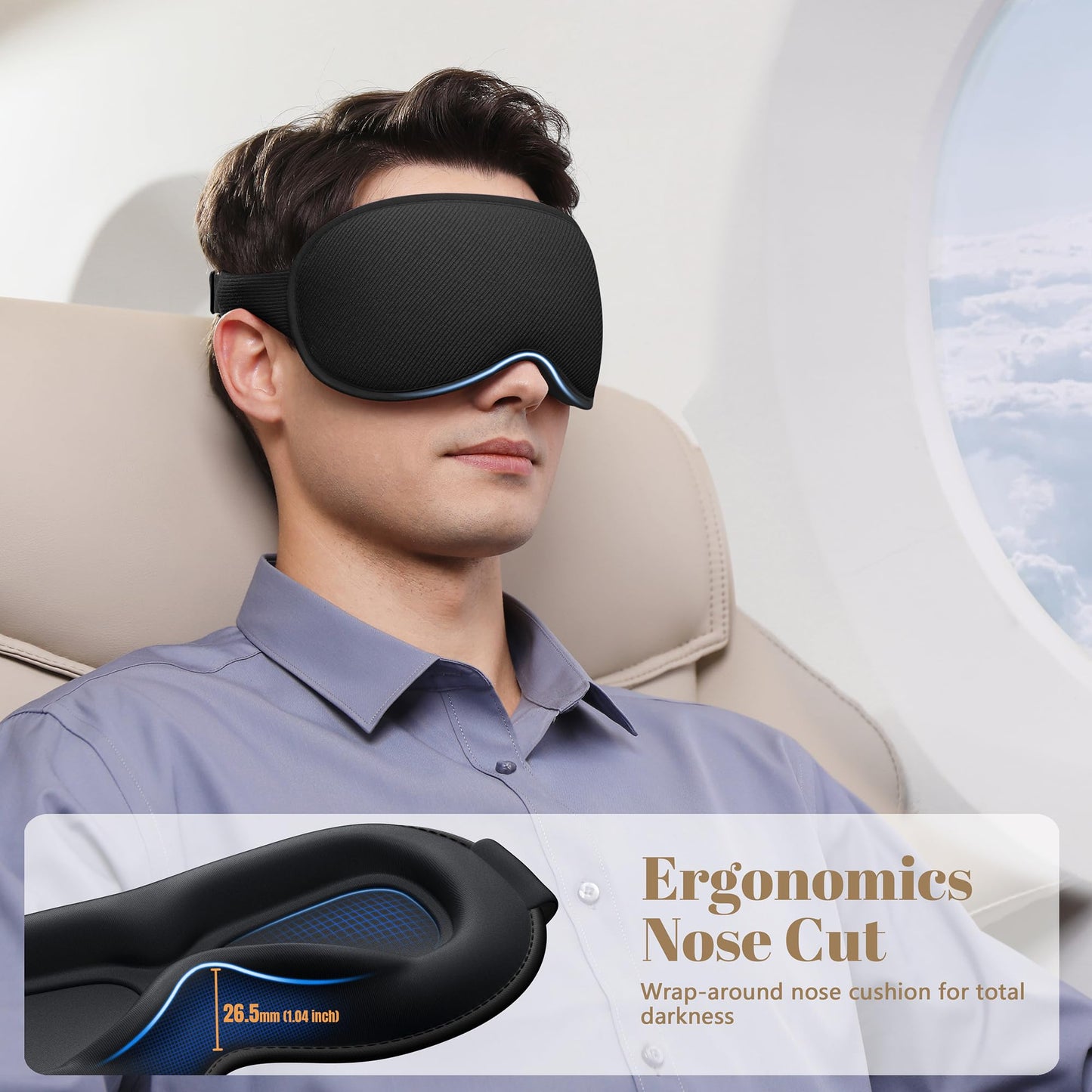 Vynix Sleep Mask for Men Women - 100% Blackout Eye Masks for Sleep, Zero Pressure 3D Sleeping Mask, Adjustable Light Blocking Eye Cover Blindfold for Travel, Nap, Night Work, Office - Black