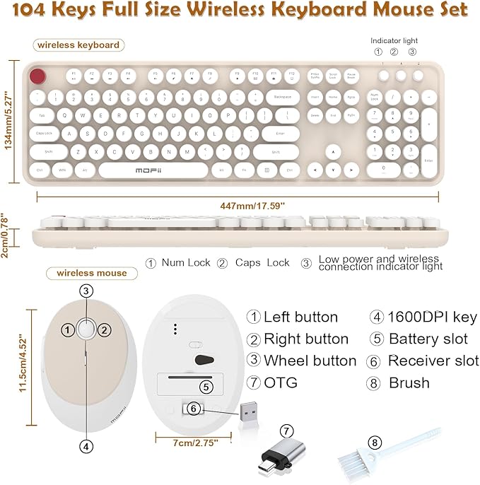 Cream Wireless Keyboard Mouse, COOFUN 104 Keys Full Size White Keyboard Ergonomic Cordless Keyboards Cute Colorful Retro Typewriter Key Board for Windows, PC, Laptop, Desktop (Creamy)