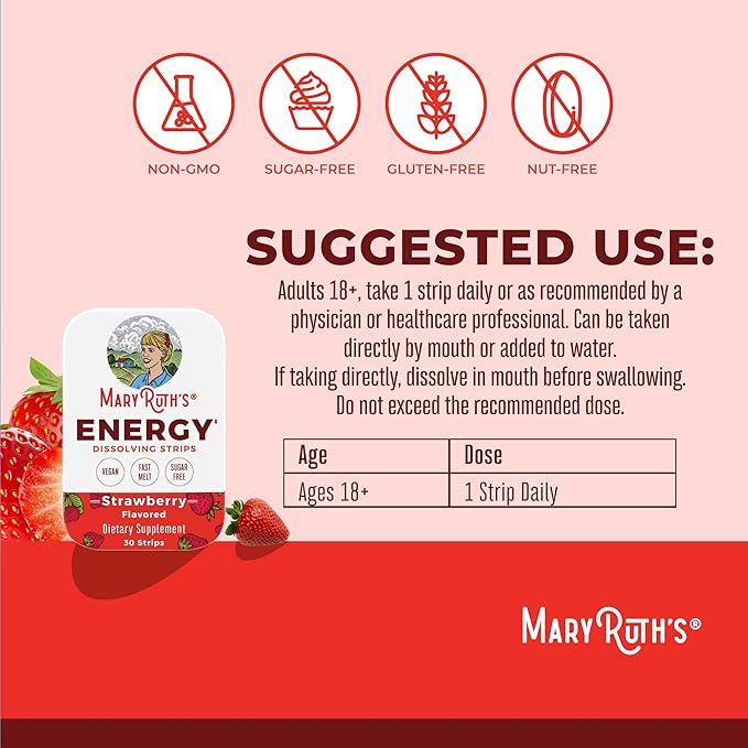 Energy Dissolving Strips by MaryRuth's | Biotin | Vitamin B12 | Vitamin B6 | B Vitamin Complex | Support Energy Levels | L Theanine | Sugar Free | Strawberry Flavor | Vegan | Gluten Free | 30 Count