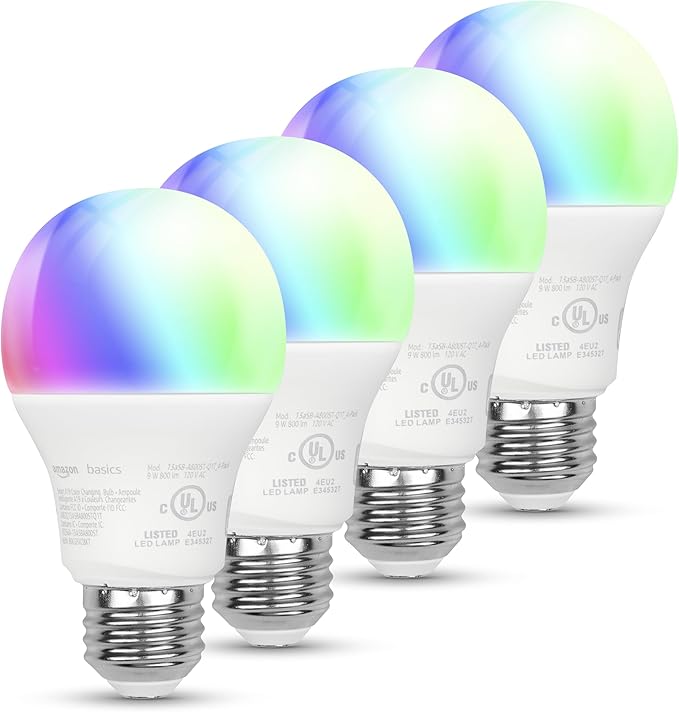 Amazon Basics Smart A19 LED Light Bulb, Color Changing, 9W (60W Equivalent), 800LM, Works with Alexa Only, 2.4 GHz Wi-Fi, ...