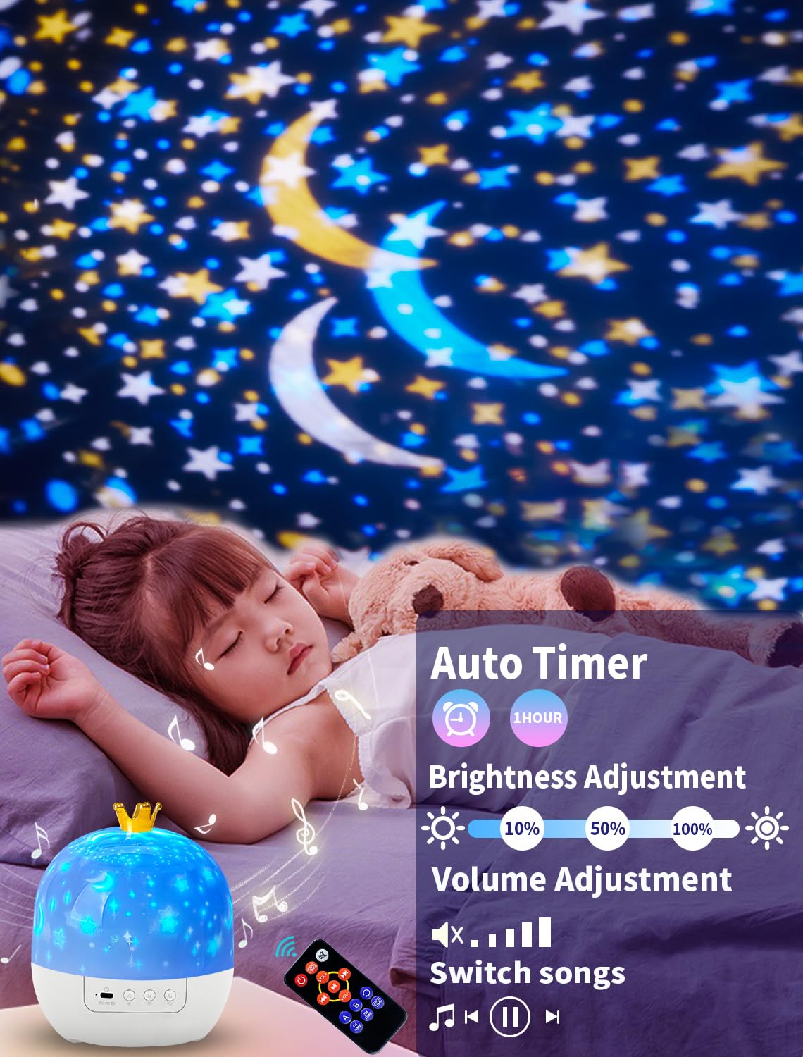 Eigther Night Light Projector with Bluetooth Speaker, Remote, Rechargeable, Small, White, Model EI-HGBT, 21 Film Sets