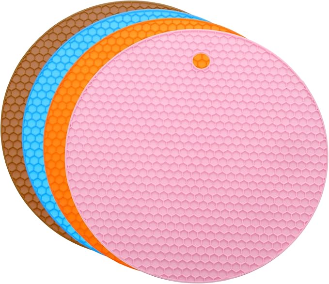 uxcell 4pcs Silicone Jar Opener Pads, 17.5cm/7" Texture Can Opener Multipurpose Round Bottle Lid Opener Non-Slip Coasters for Weak Hands Seniors Children, Brown/Pink/Orange/Blue