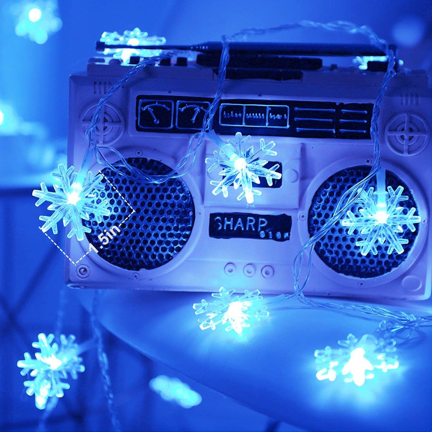 Runleo Christmas Snowflake String Lights, 20 FT, 40 LED, Battery Operated, Blue, 8 Modes, Indoor/Outdoor, Model 0202001