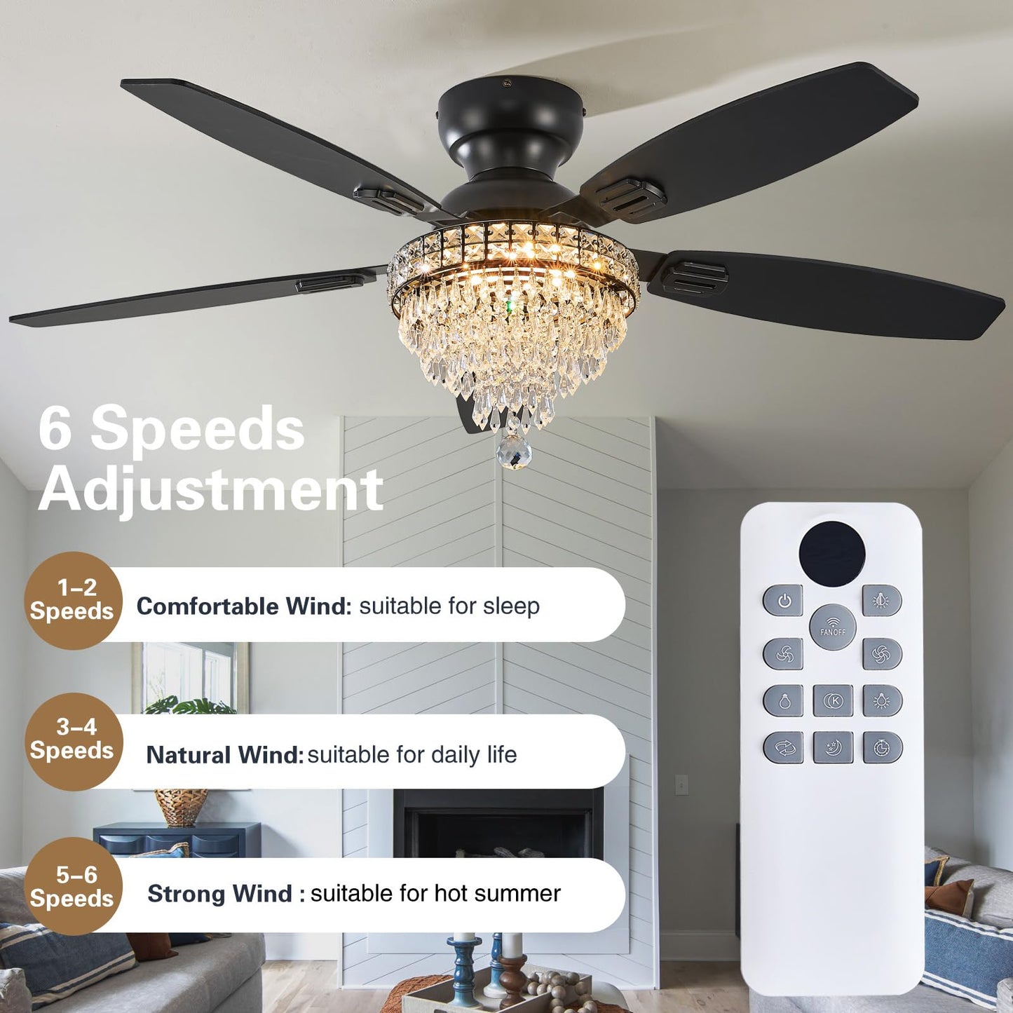 Fanyank Crystal Ceiling Fan with Lights, 50in Low Profile, Remote Control, Iron, Black
