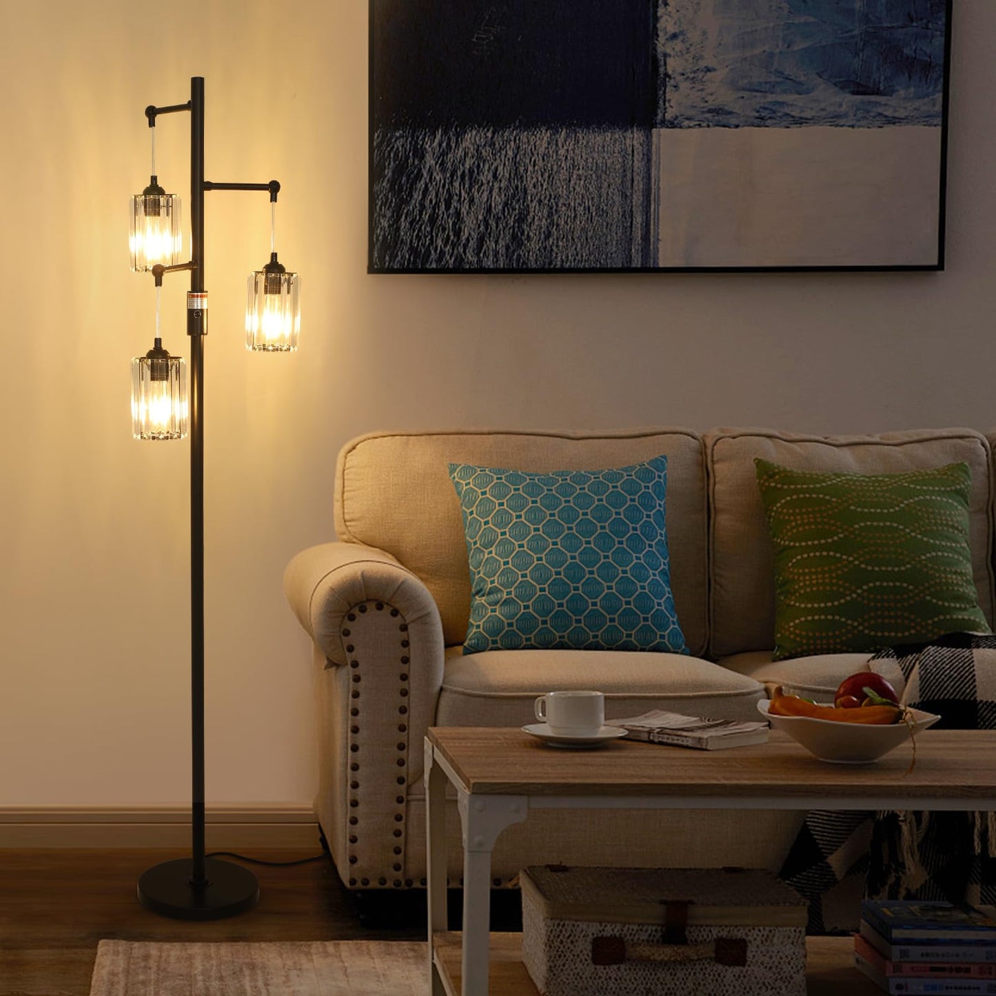 Stepeak Black Crystal Floor Lamp, 3 Lights Dimmable, 65in Tall, Industrial Design for Living Room, Model 250305C1