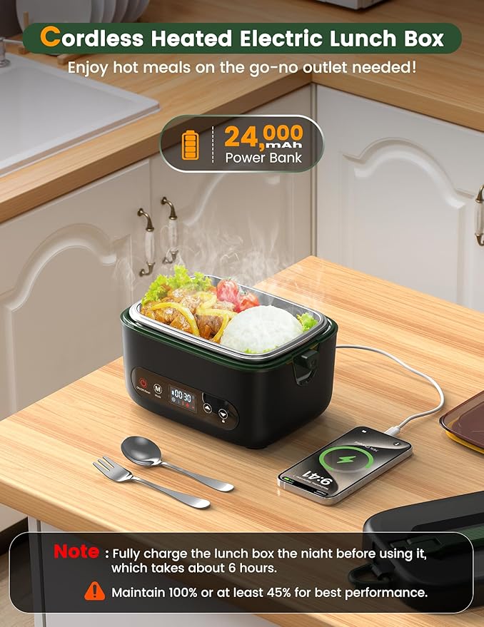 Cordless Electric Lunch Box, 1.2L Battery Powered Heated Lunch Box – 100W, 24000mAh Rechargeable Portable Self-Heating Food Warmer with 5-Sided Automatic Heating for Outdoors, Truck, Office, BPA-Free