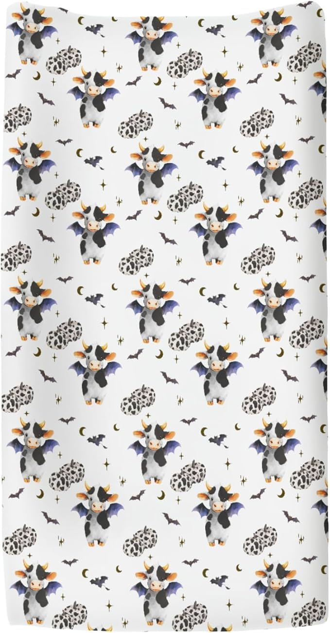 Halloween Cow Bats Pumpkins Baby Changing Pad Covers for Boy Girl Cute Cows Moon Stars Fitted Change Table Pad Covers Mats Spooky Farm Animal Soft Diaper Change Table Cover Sheets 32''×16''