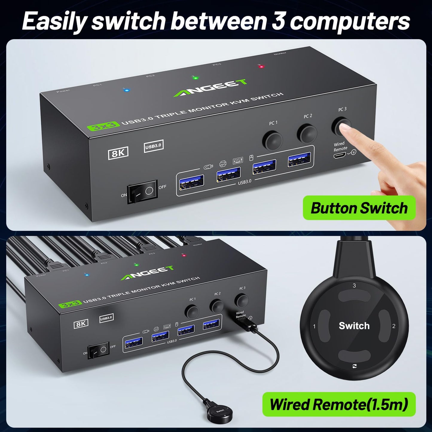 KVM Switch 3 Monitors 3 Computers 8K@60Hz 4K@144Hz, ANGEET HDMI and Displayport Triple Monitor KVM Switch, 3 Monitors KVM with 4 USB 3.0 Ports for USB Devices, Wired Remote and Power Adapter Included