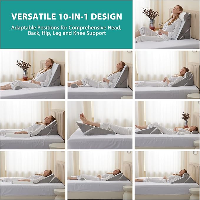 3Pcs Orthopedic Bed Wedge Pillow Set, Foam Wedge Pillow Post Surgery for Back, Leg and Knee Support, Adjustable 9&12 Inch Folding Triangle Pillow for Sleeping, Acid Reflux, Snoring, White/Grey