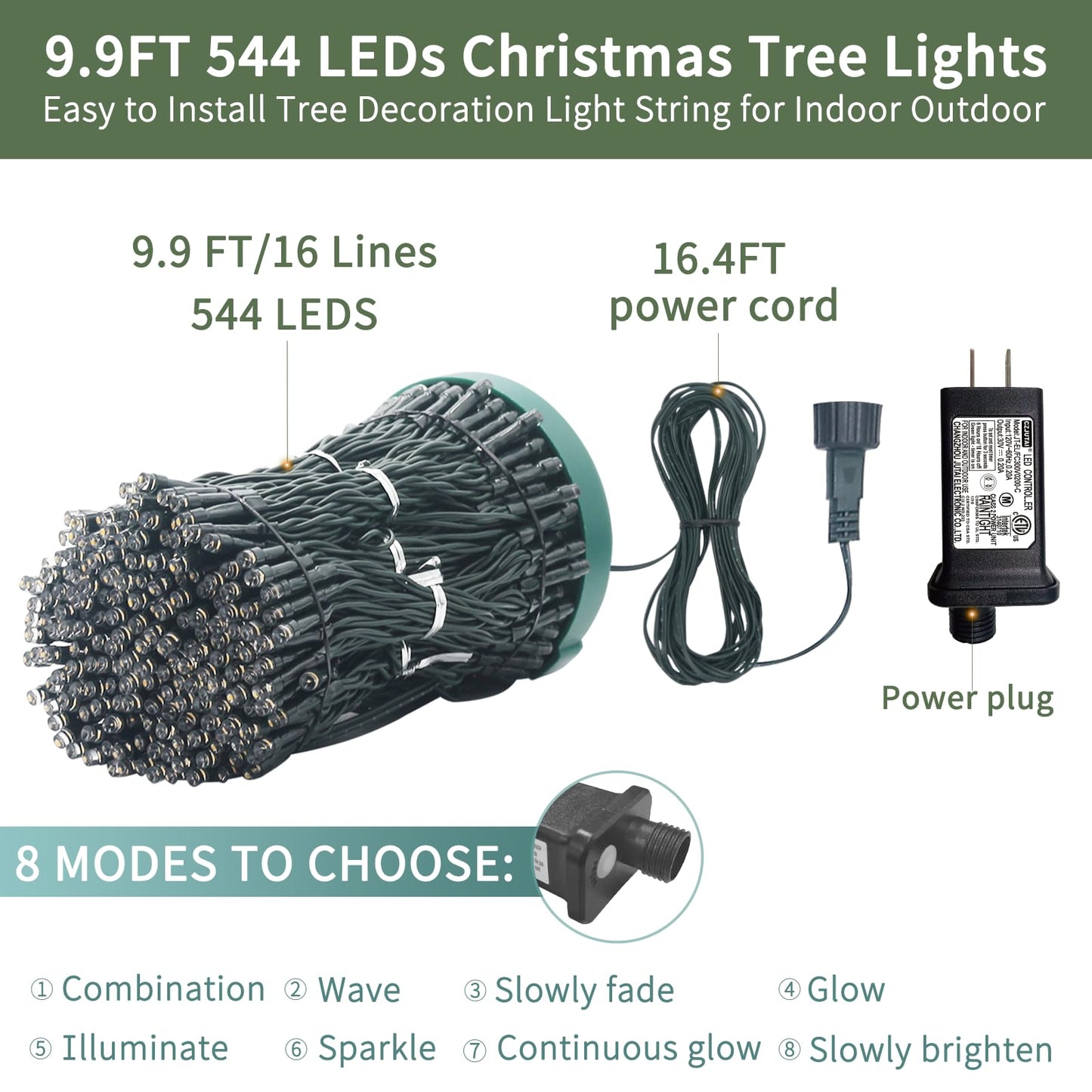Christmas Tree Lights With Ring 9.9Ft 16 Line 544 Led Green Wire Fairy Waterfall String Light Plug In Dimmable Cascading Twinkle Lights With 8 Lighting Modes For Indoor Outdoor Xmas Tree(Cool White)