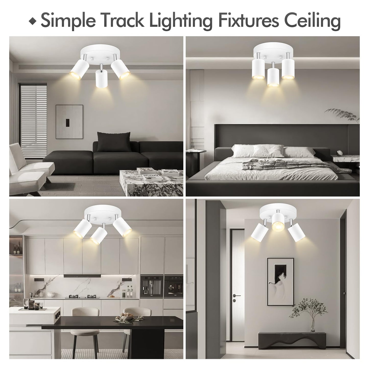3 Light Track Lighting Fixtures Ceiling, Matte White Round Directional Ceiling Spotlight, GU10 Flush Mount Track Fixture, Adjustable Modern LED track Lights for Kitchen/Living Room, Bulb Not Included
