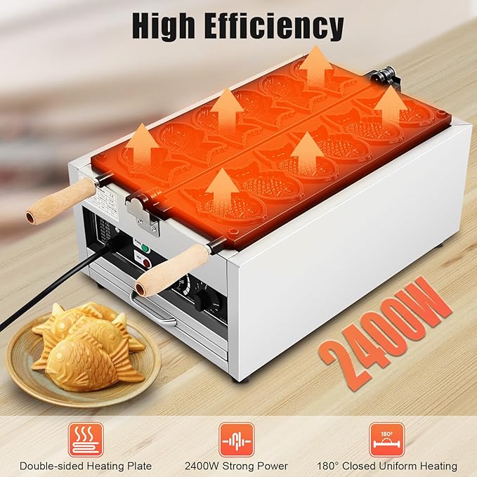 Bepritm Taiyaki Fish Waffle Maker, 2400W Stainless Steel Nonstick Mini Taiyaki Maker with Smart Control, Electric Fish-shaped Waffle Makers for Restaurant Snack Bar Sidewalk Vendors