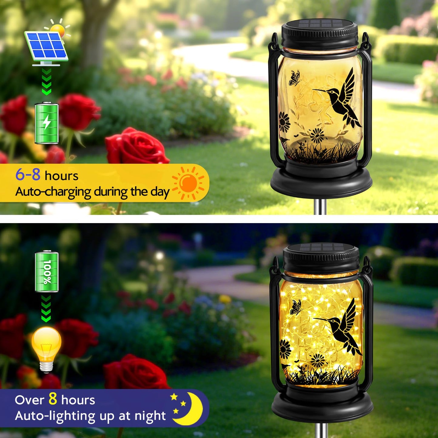 ANGMLN Hummingbird Solar Lanterns 3-in-1 Waterproof Garden Decor Lights, Glass, 2 Pack, Model FG-61