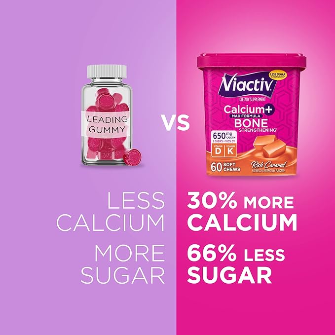 Viactiv Calcium +Vitamin D3 Supplement Soft Chews, Caramel & Calcium +Vitamin D3 Supplement Soft Chews, Milk Chocolate, 60 Chews - Calcium Dietary Supplement for Bone Health