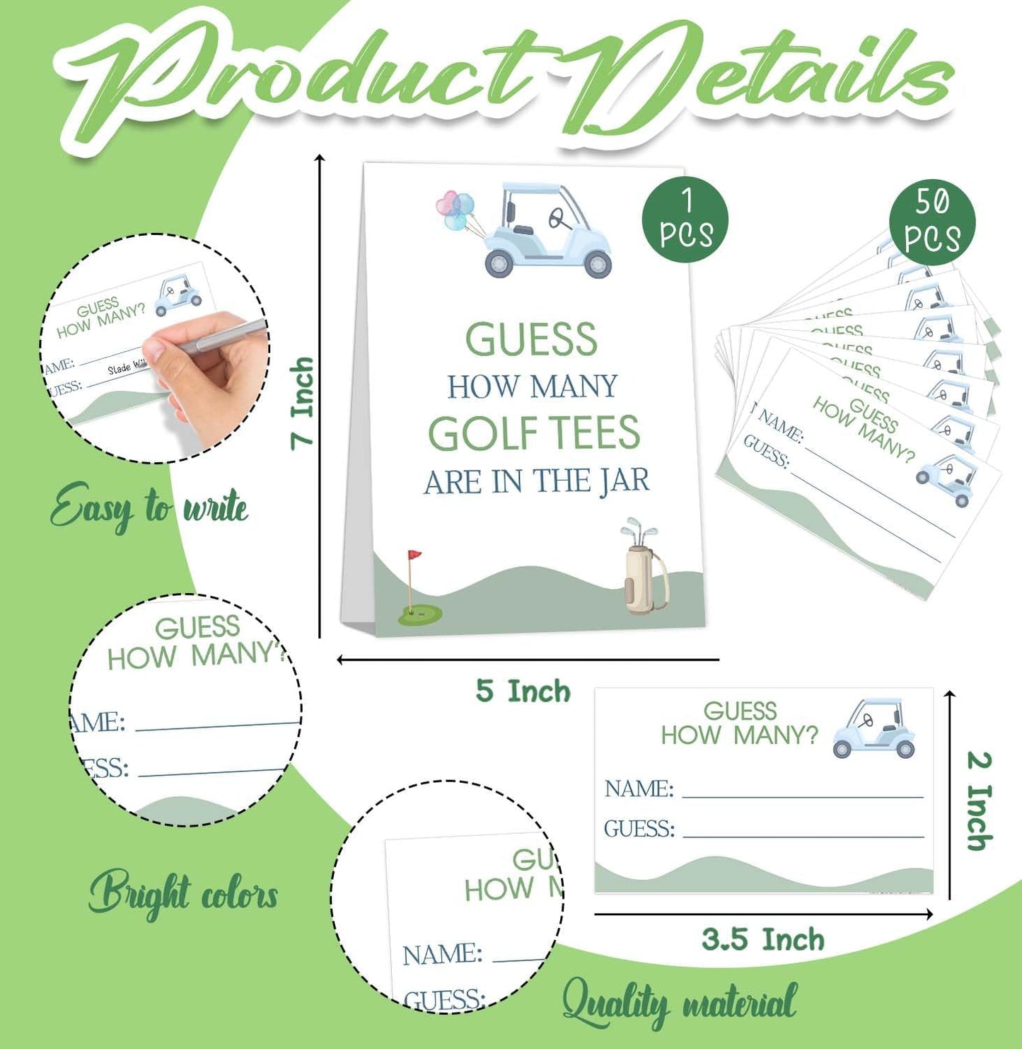 GOLF Brithday Decorations, Guess How Many Golf Tees Are in the Jar, Suite for Birthday Party Bridal Shower Wedding Activit, 50 Cards and Sign