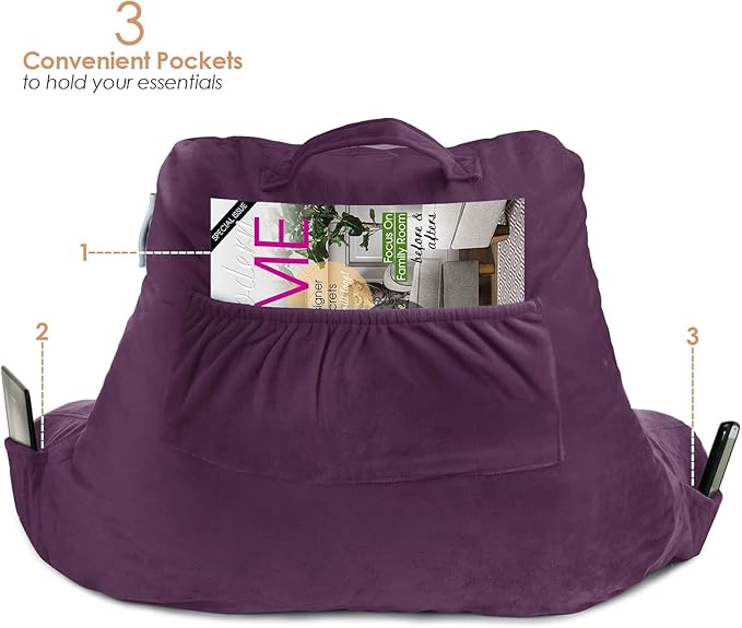 Nestl Reading Pillow for Kids, Small Bed Pillow, Back Pillow for Sitting in Bed, Memory Foam Chair Pillow, Reading & Bed Rest Pillows, Purple Back Pillow for Bed, Arm Pillow with Pockets